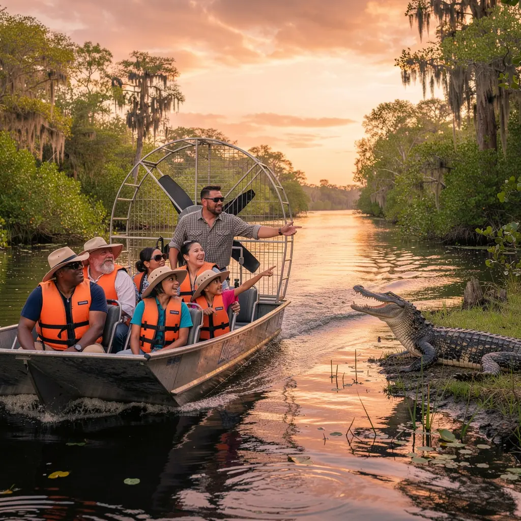 Экскурсия по экосистеме Эверглейдс с воздухоплавательным катером на фоне зелёных болот.
