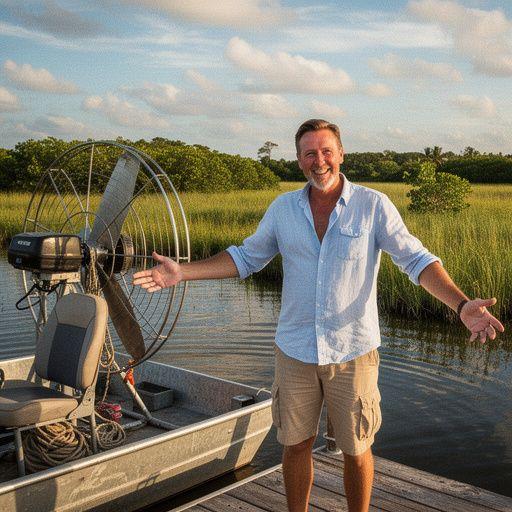 Воздушная лодка, скользящая по водной глади болота в солнечный день.